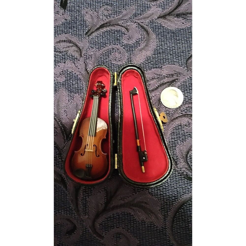 Miniature Wooden Violin with Bow and Fitted Red-Lined Case